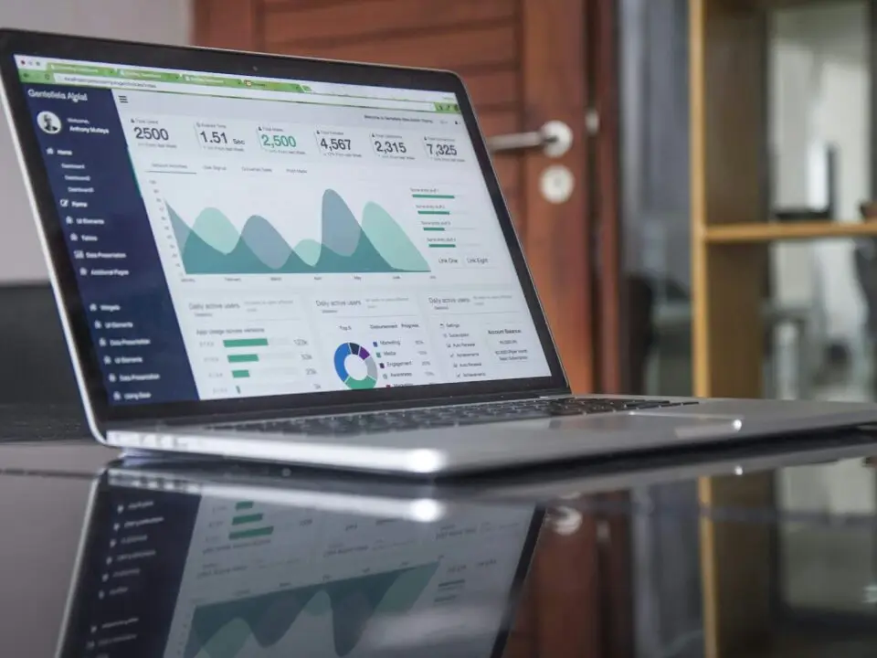 Leadership reviewing capability center performance metrics on a dashboard